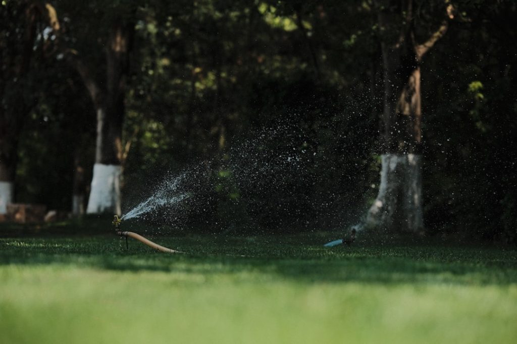 A garden sprinkler sprays water across a lush green lawn.